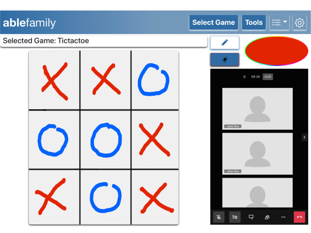 A game of Tic-Tac-Toe being played on the ABLE Family platform.