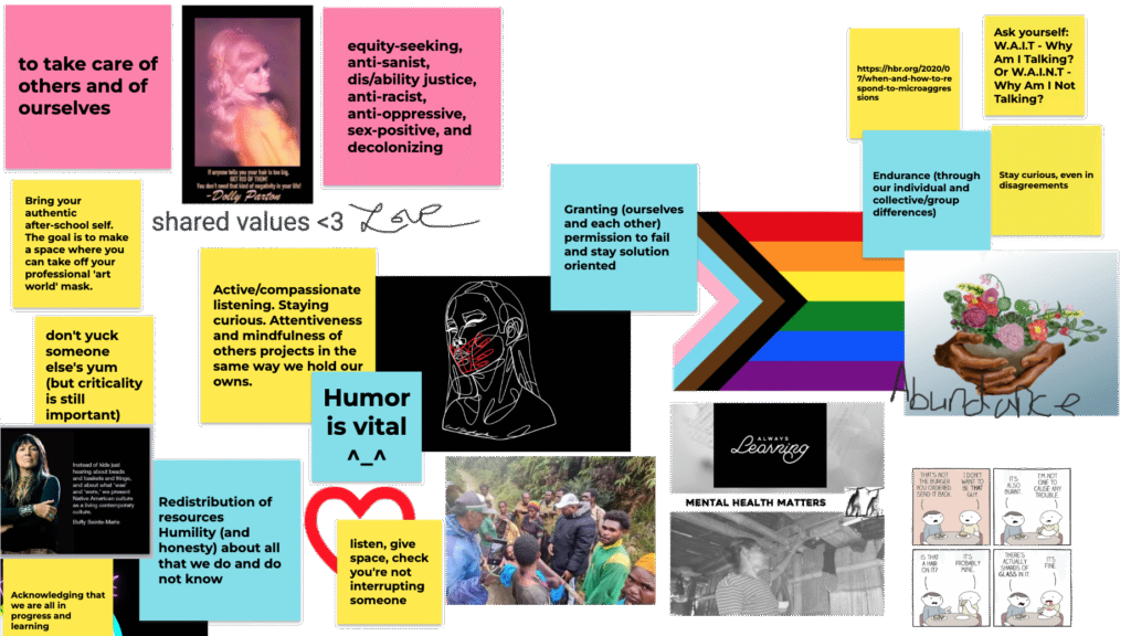 A jamboard, featuring text and image snippets. Thiss jamboard collates the collective values of the participants of the Cyber Fellows residency.